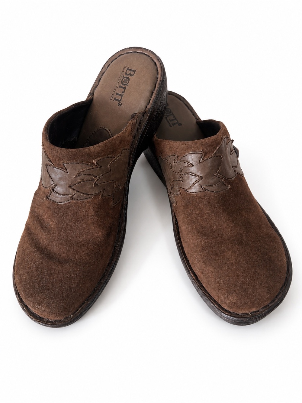 Born Pittina Brown Suede Western Mule Clogs Slip-on shoes Leather Floral Sz 9